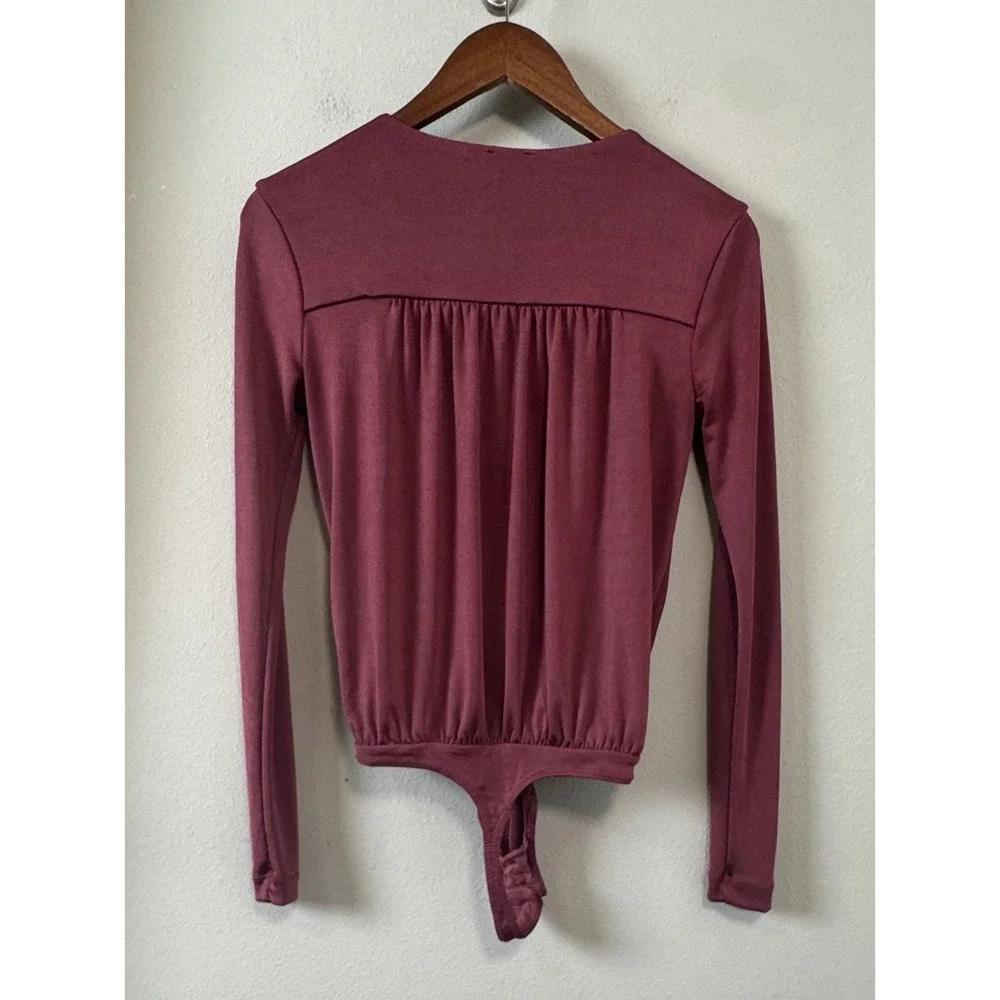 Free People Turnt Bodysuit Maroon Plunging‎ V-Neck Long Sleeve Draped Wrap Top S